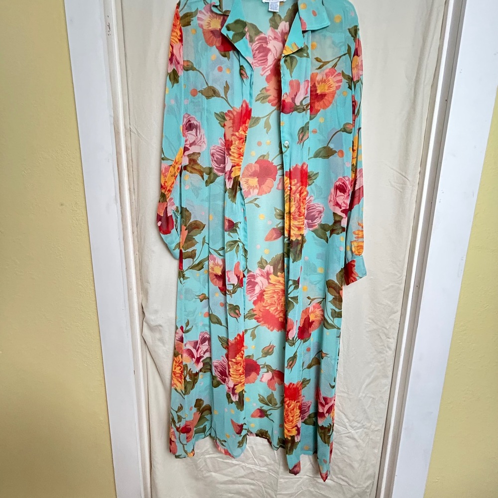 Morning Side Floral Maxi Dress & Duster Set‎ Teal Orange Polka Dot Reversible  M